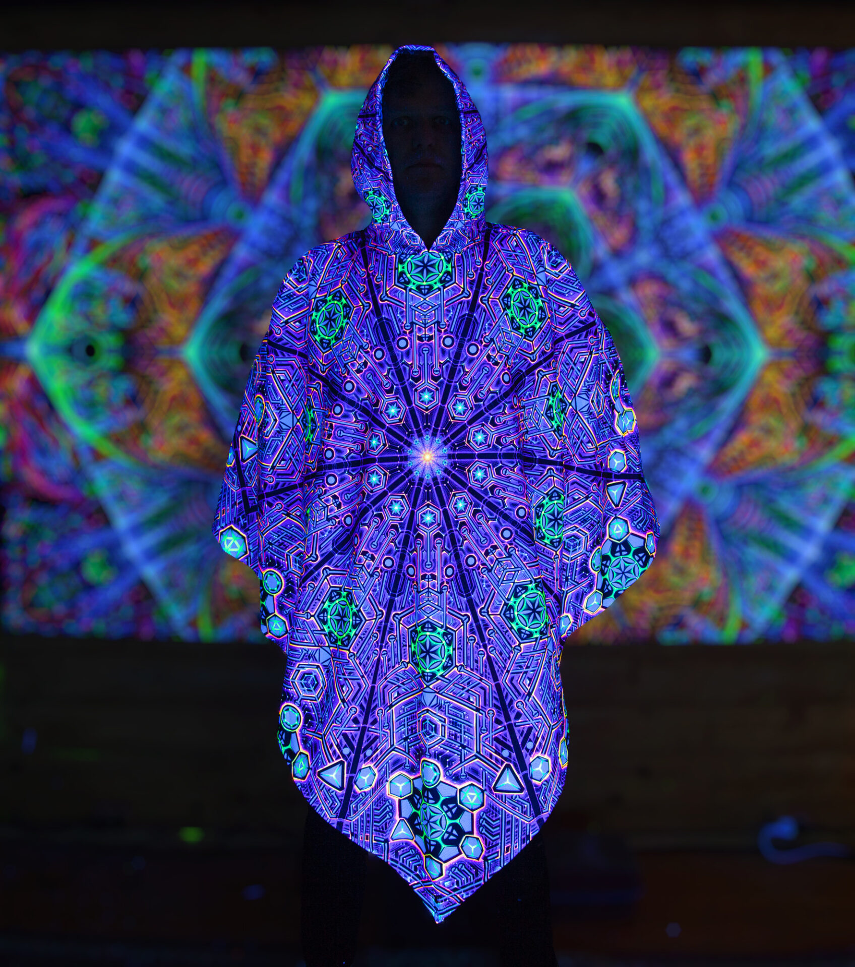 UV Rave Outfit Metatron, Psychedelic Festival Clothing, Fluorescent Poncho - Image 3