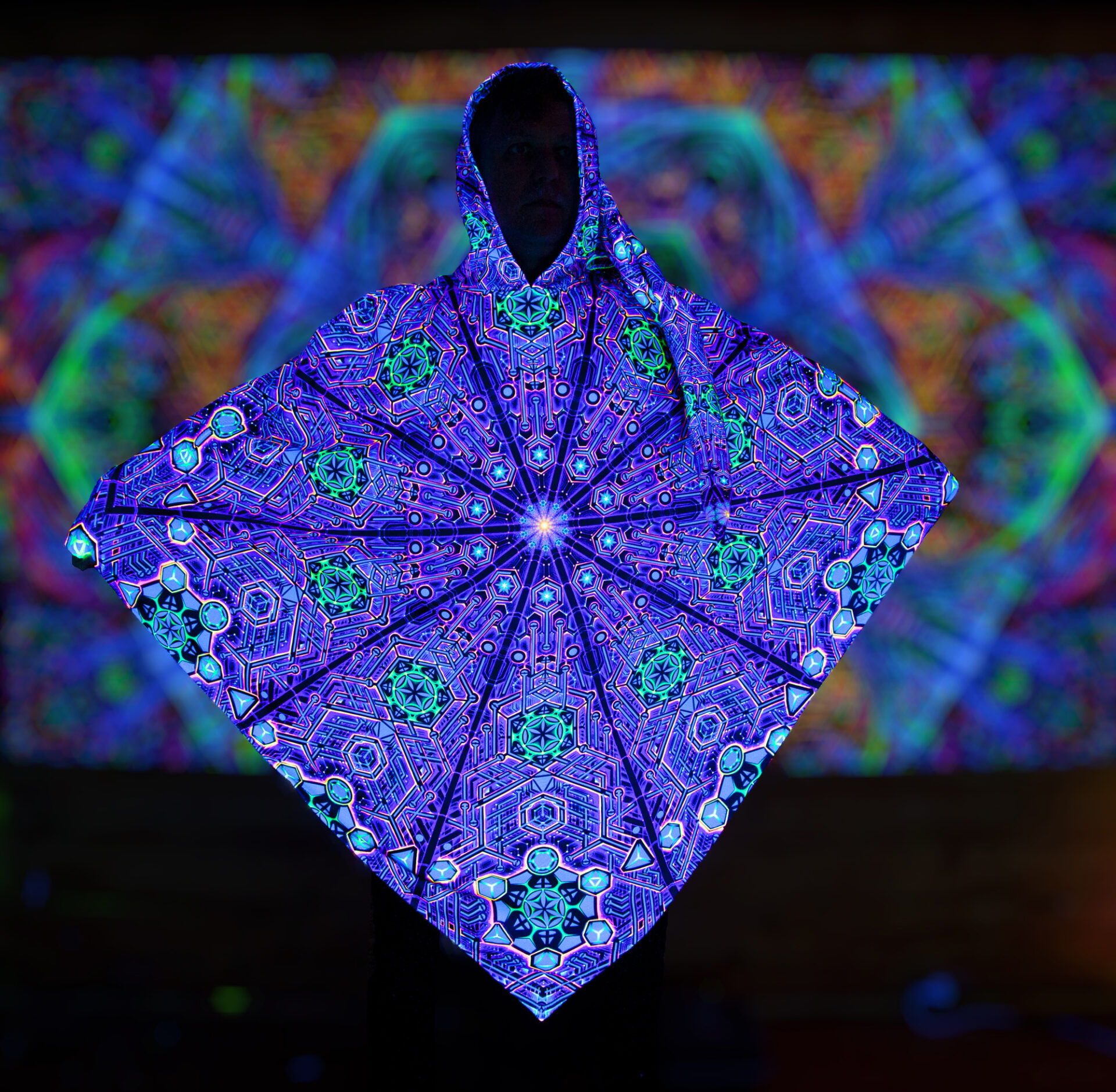 UV Rave Outfit Metatron, Psychedelic Festival Clothing, Fluorescent Poncho - Image 4