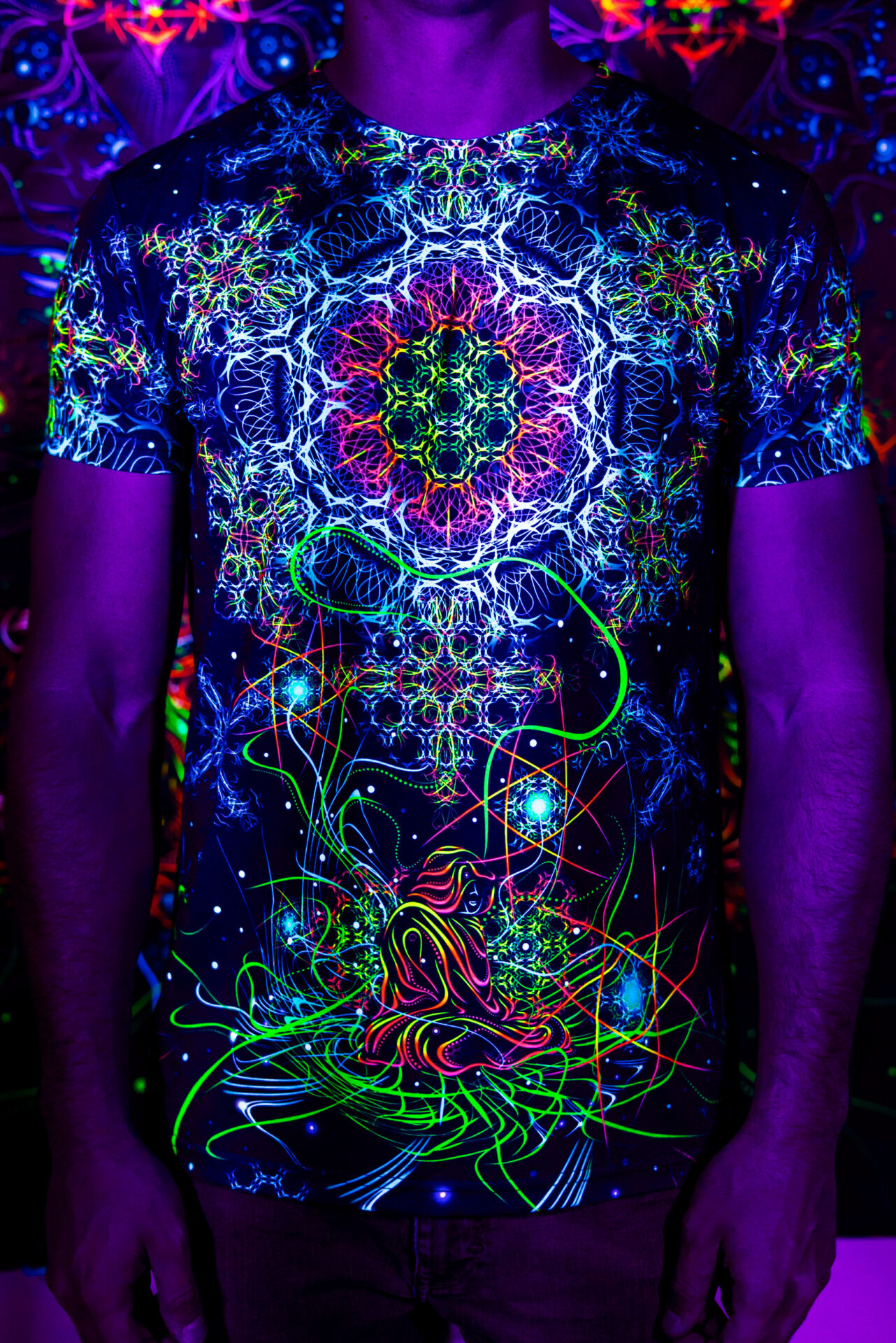 Rave Outfit Space Of Power, UV Festival Clothing, Full Print T-Shirt - Image 1