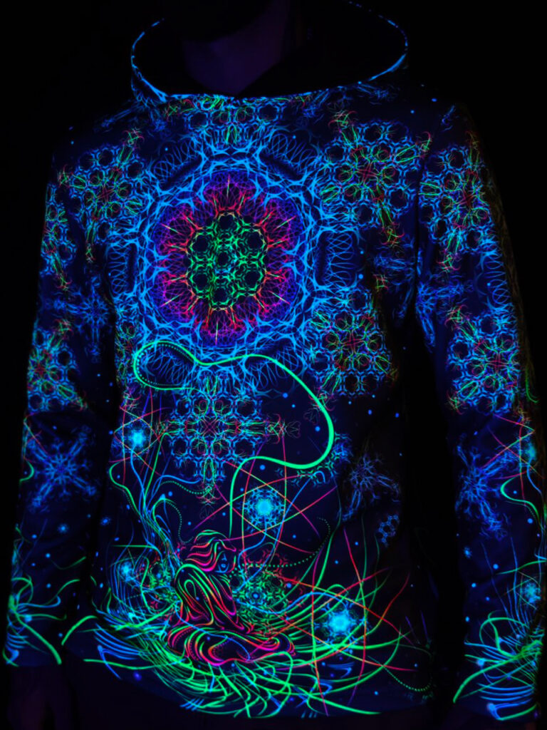 Full Print Rave Outfit Space of Power, UV Festival Clothing, Psychedelic Hoodie