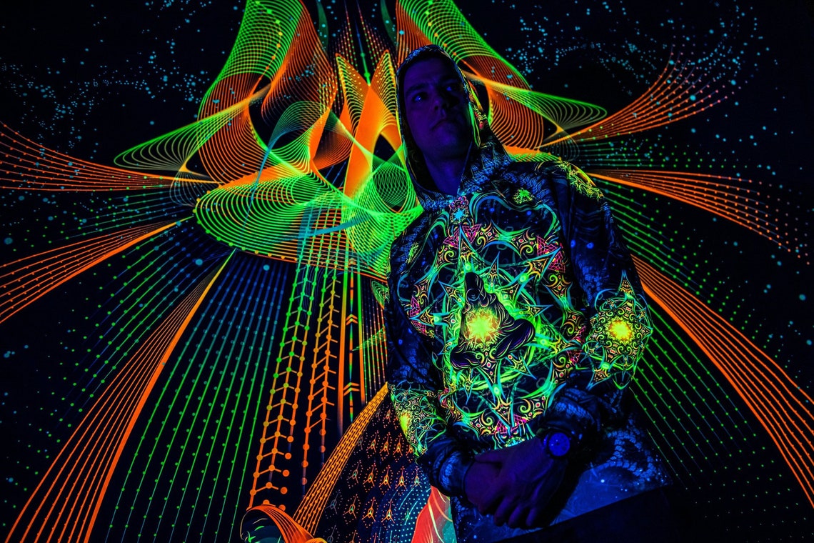Goa Festival Clothing Reincarnation 2, Psychedelic Rave Outfit, UV Full Print Hoodie - Image 2